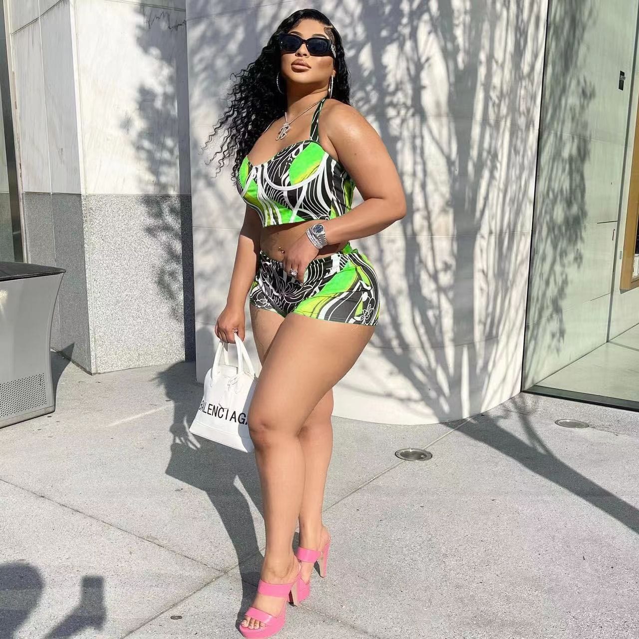 J&H 2023 new arrivals trendy printed mini shorts women sexy tank crop top 2 piece summer sets sexy vacation outfits