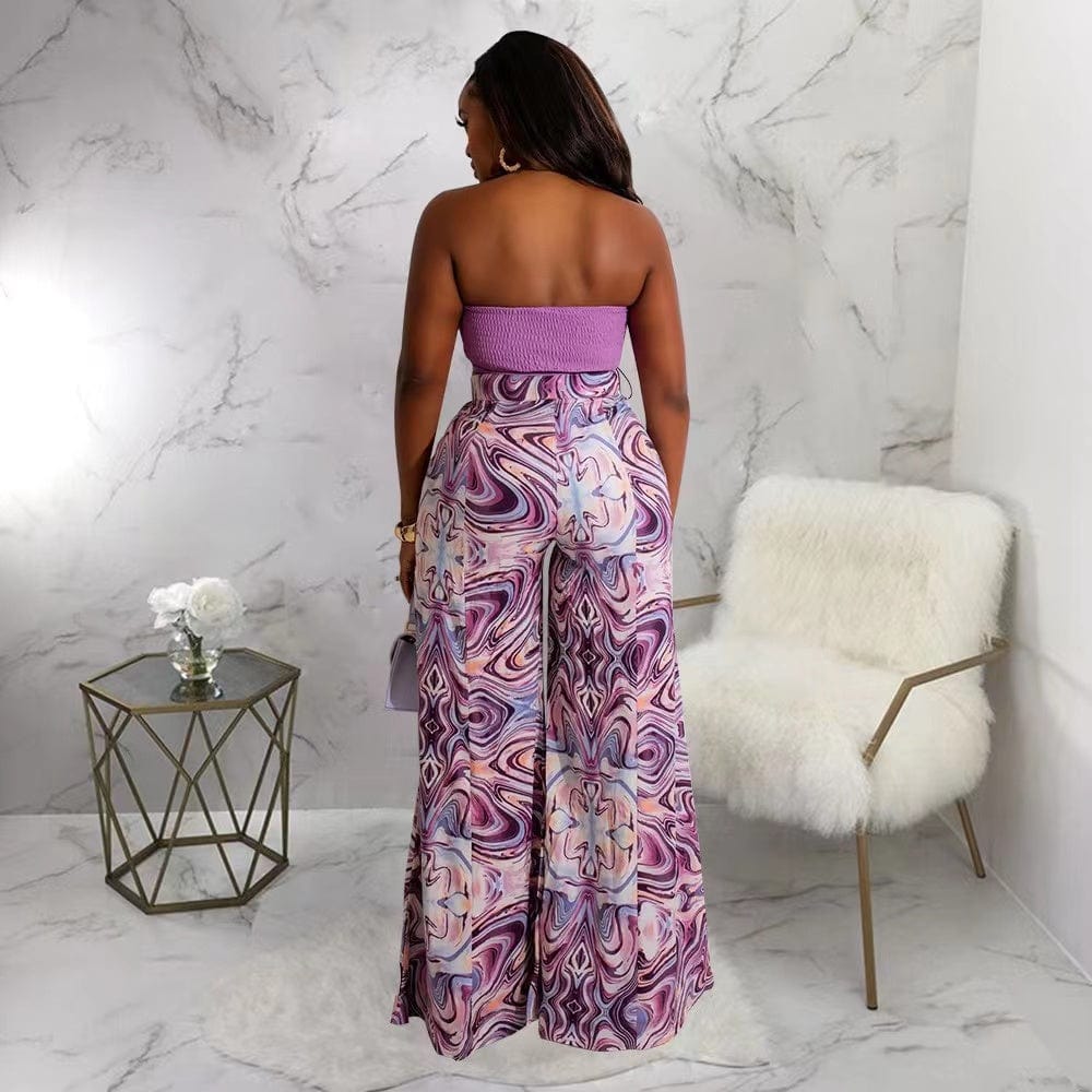 J&H 2023 new arrivals tube top printed blazer pants suits 2 piece ladies sexy vacation outfits