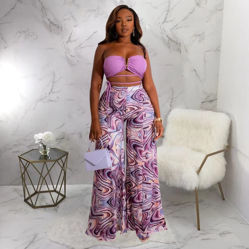 J&H 2023 new arrivals tube top printed blazer pants suits 2 piece ladies sexy vacation outfits