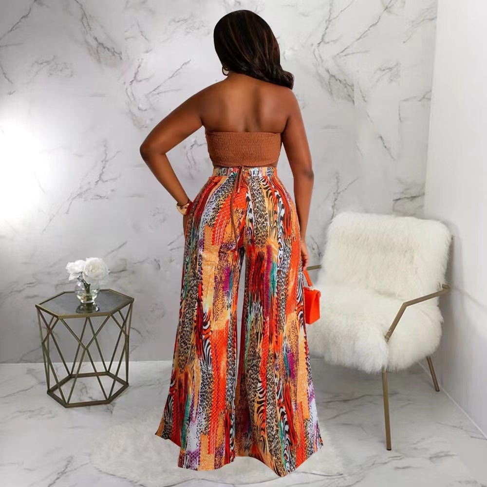 J&H 2023 new arrivals tube top printed blazer pants suits 2 piece ladies sexy vacation outfits