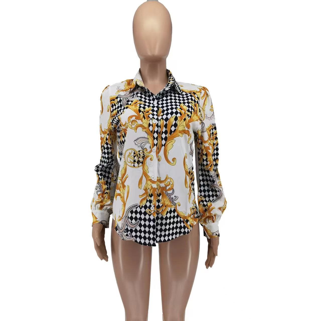 J&H 2023 new arrivals vintage baroque chain printed long sleeve shirts women casual fall tops fashionable design