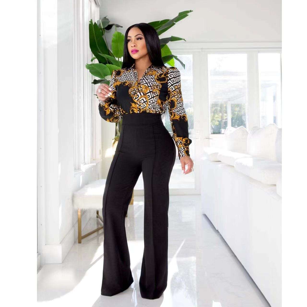 J&H 2023 new arrivals vintage baroque chain printed long sleeve shirts women casual fall tops fashionable design