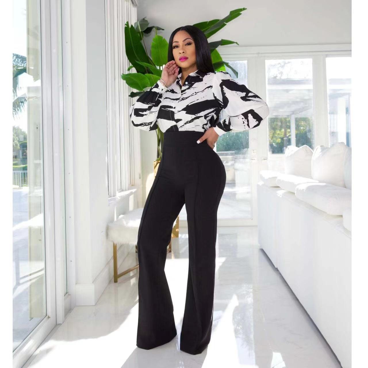 J&H 2023 new arrivals vintage baroque chain printed long sleeve shirts women casual fall tops fashionable design