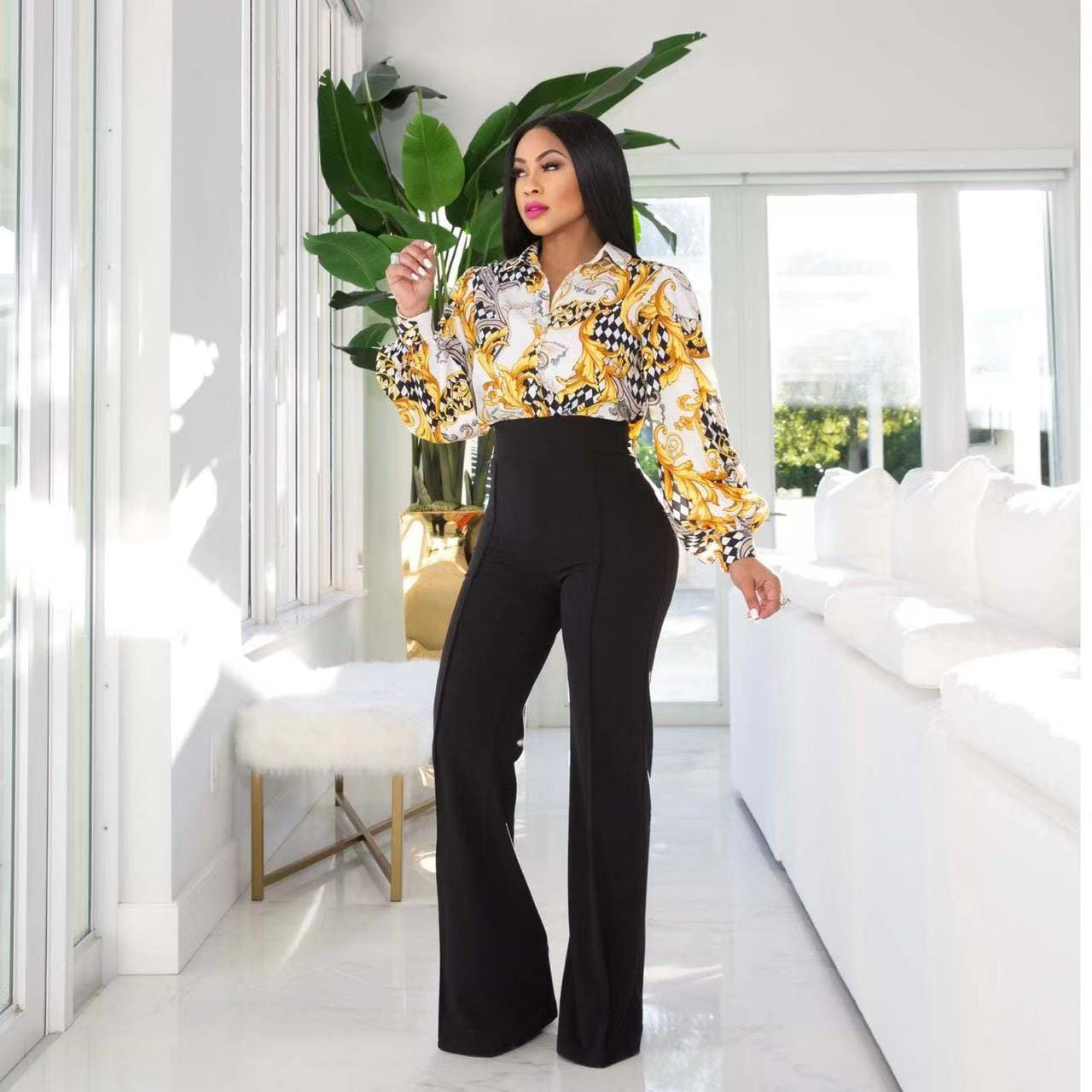 J&H 2023 new arrivals vintage baroque chain printed long sleeve shirts women casual fall tops fashionable design
