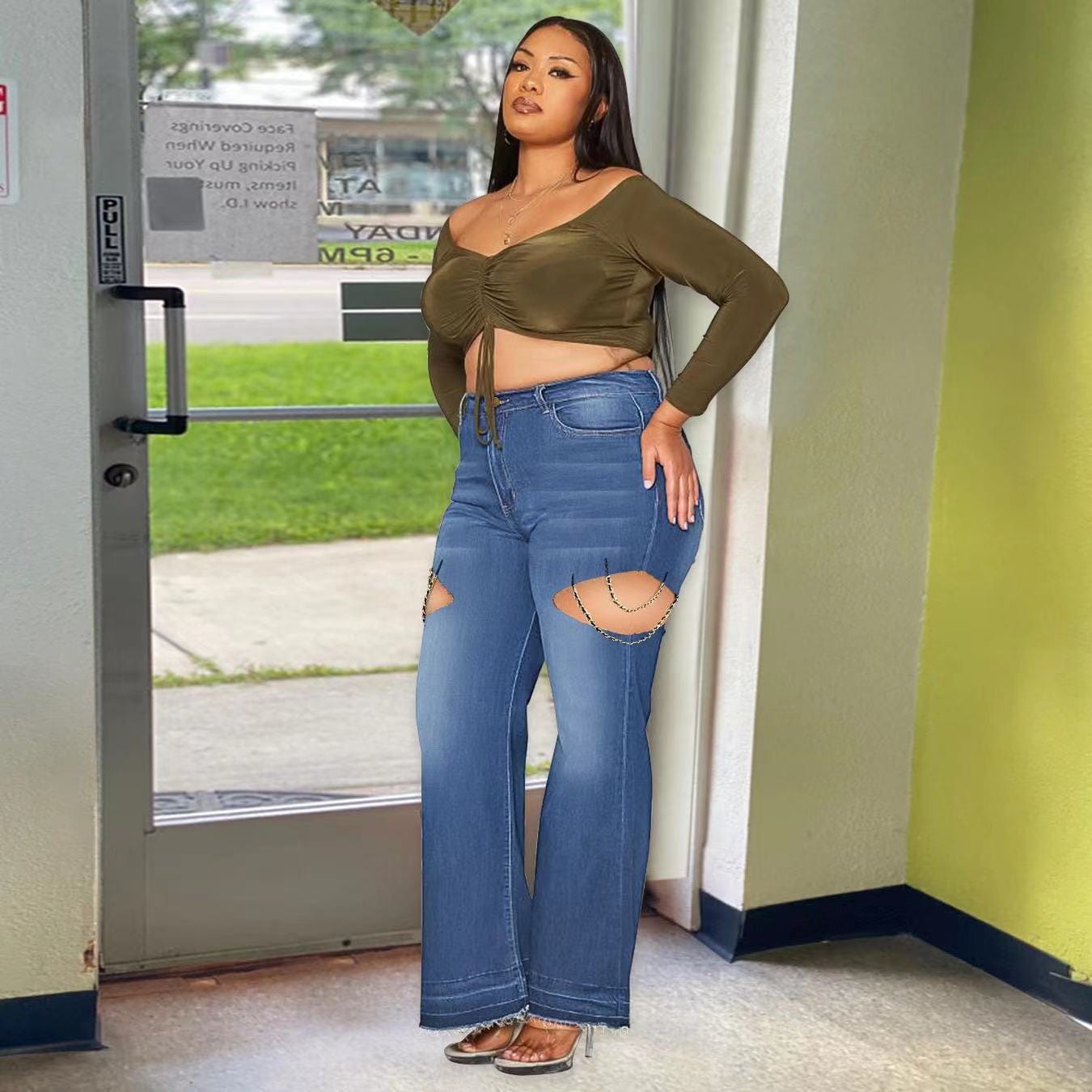 J&H 2023 new design plus size women's jeans chic chain fringe bell bottom denim pants fashion casual trousers