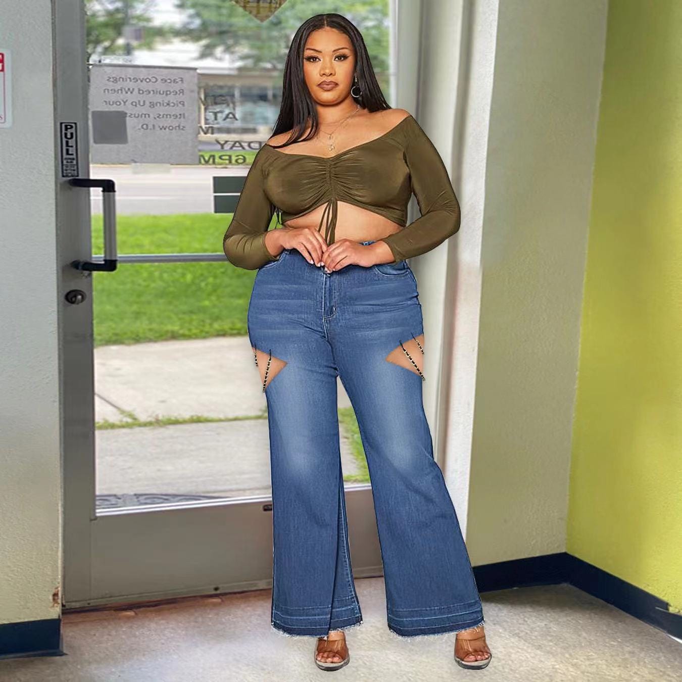 J&H 2023 new design plus size women's jeans chic chain fringe bell bottom denim pants fashion casual trousers