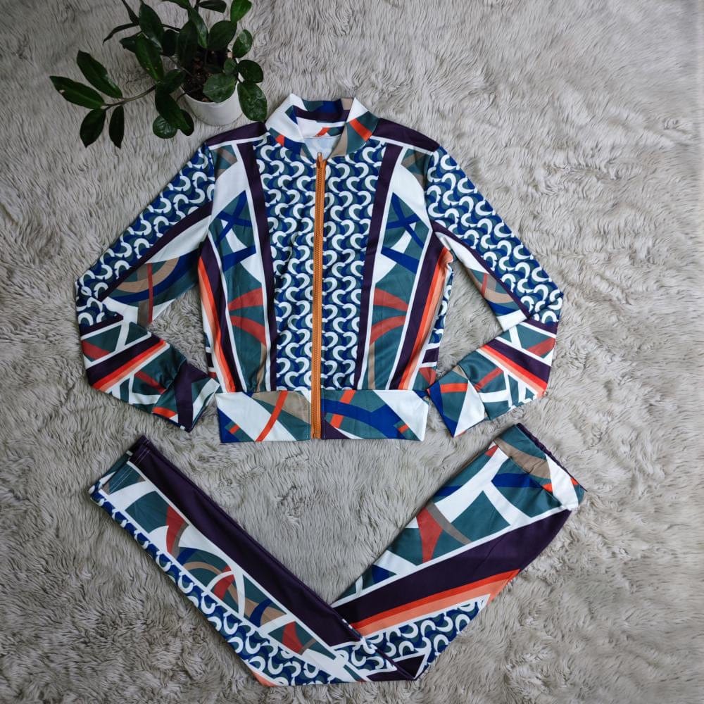 J&H 2023 new design trendy printed zip up slim fit tracksuits women fashion two piece pants sportswear fall outfits