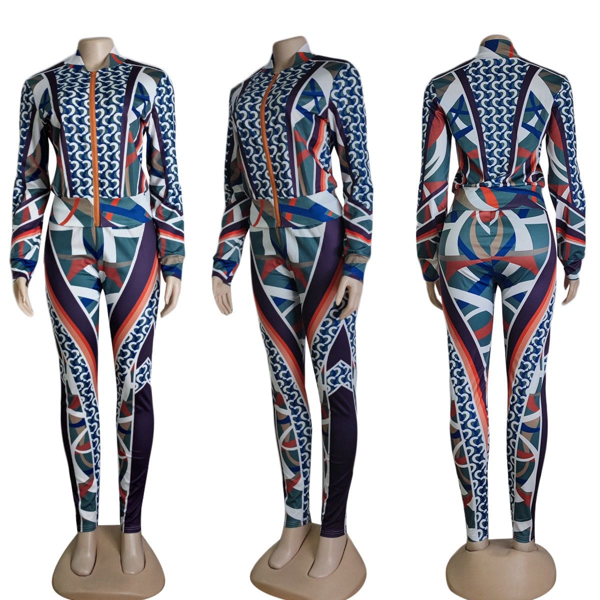 J&H 2023 new design trendy printed zip up slim fit tracksuits women fashion two piece pants sportswear fall outfits