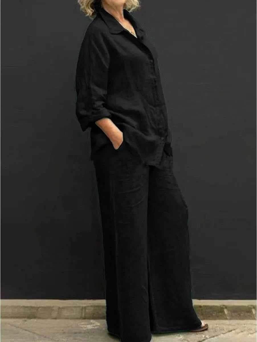 J&H 2024 Hot Sale Women Spring Shirt Two Pieces Set Vintage Solid Long Sleeve Button Blouse And Loose Straight Pants Suits