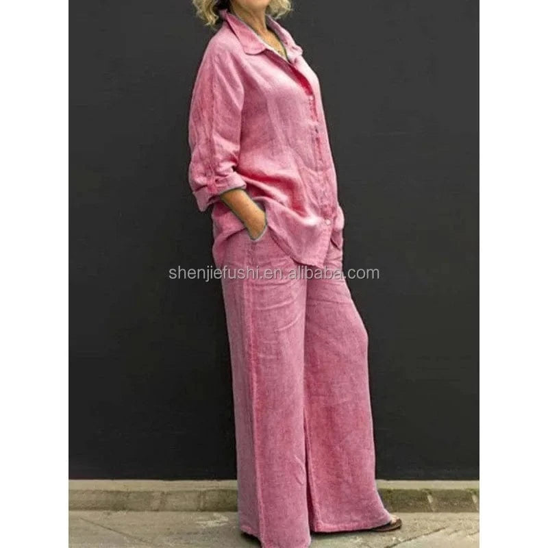 J&H 2024 Hot Sale Women Spring Shirt Two Pieces Set Vintage Solid Long Sleeve Button Blouse And Loose Straight Pants Suits