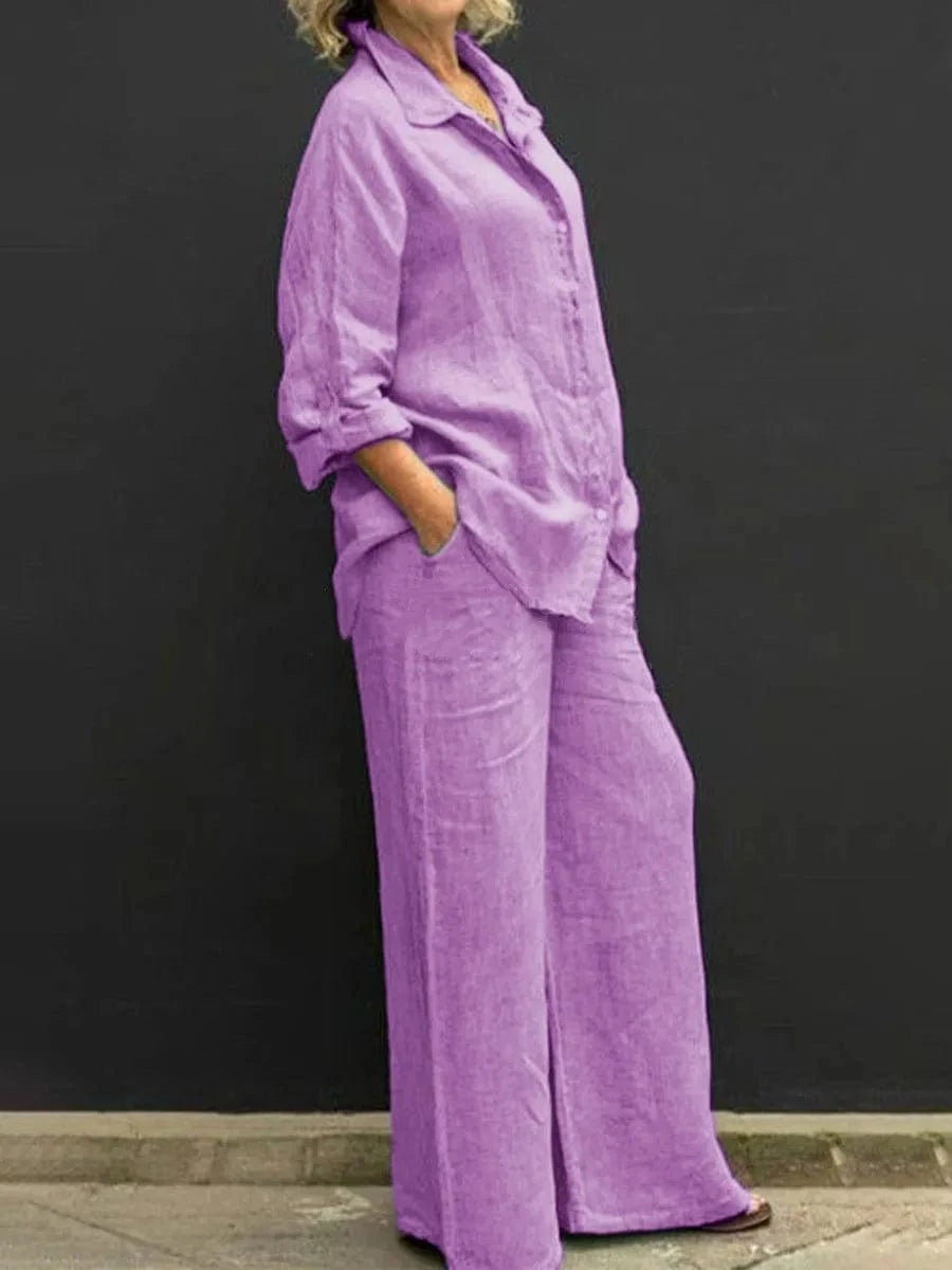 J&H 2024 Hot Sale Women Spring Shirt Two Pieces Set Vintage Solid Long Sleeve Button Blouse And Loose Straight Pants Suits