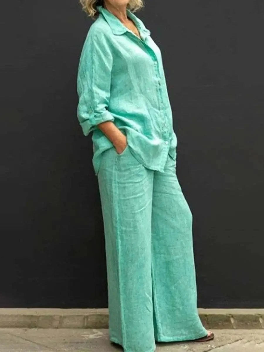 J&H 2024 Hot Sale Women Spring Shirt Two Pieces Set Vintage Solid Long Sleeve Button Blouse And Loose Straight Pants Suits