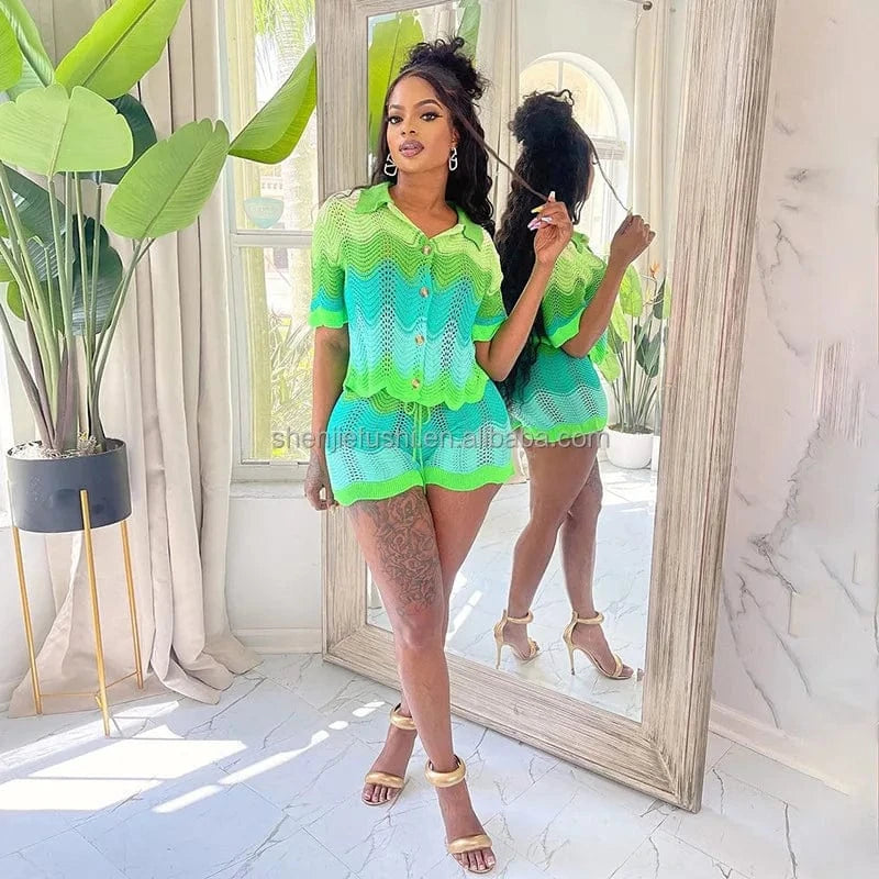 J&H 2024 Knit Women Tracksuit 2 Piece Set Colorful Patchwork Wave Flare Sleeve Crop Top+Shorts Skinny Elastic Vacation Outfits