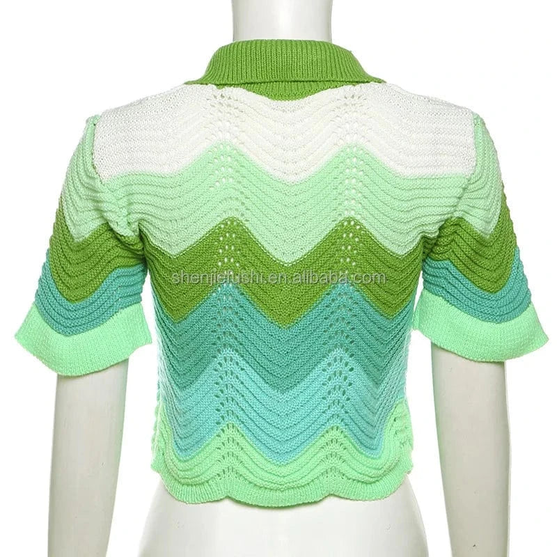 J&H 2024 Knit Women Tracksuit 2 Piece Set Colorful Patchwork Wave Flare Sleeve Crop Top+Shorts Skinny Elastic Vacation Outfits