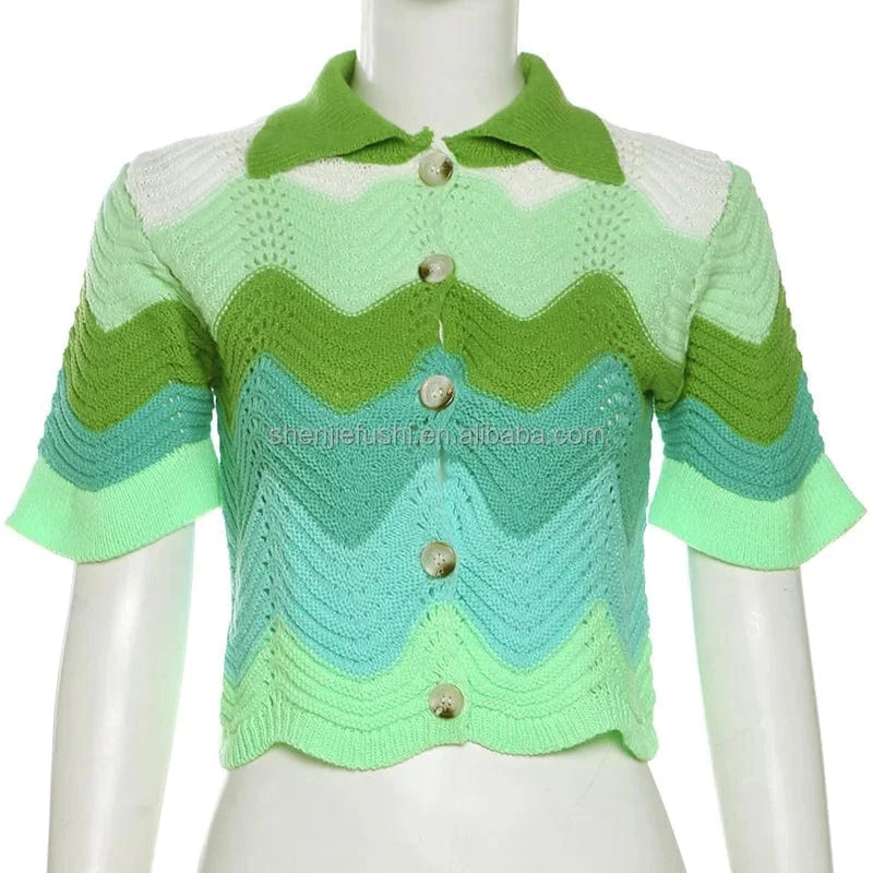 J&H 2024 Knit Women Tracksuit 2 Piece Set Colorful Patchwork Wave Flare Sleeve Crop Top+Shorts Skinny Elastic Vacation Outfits