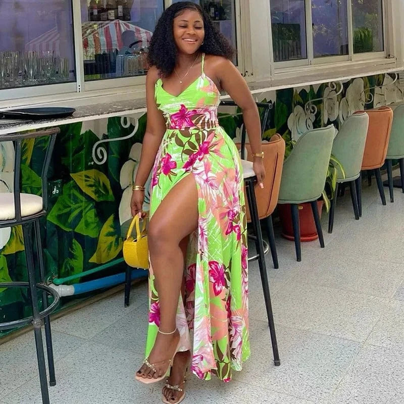 J&H 2024 Sexy Camisole Split Long Dress Ladies Vocation Floral Printed High Waist Big Hem Slim V Neck Sleeveless Maxi Dress