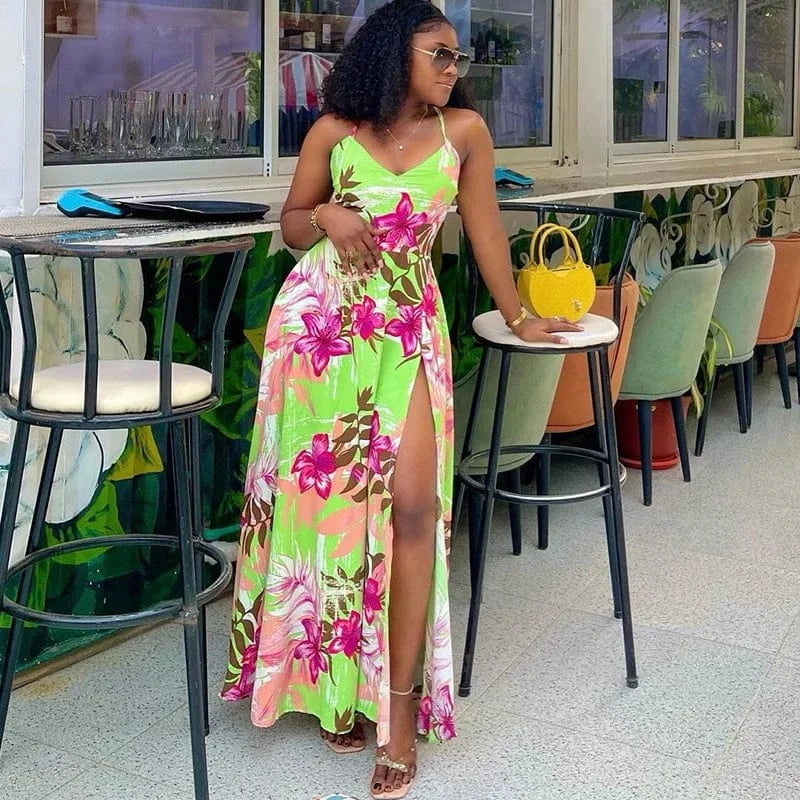 J&H 2024 Sexy Camisole Split Long Dress Ladies Vocation Floral Printed High Waist Big Hem Slim V Neck Sleeveless Maxi Dress