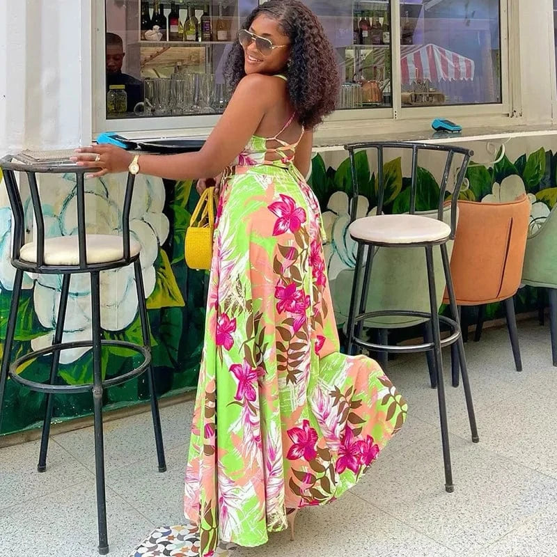 J&H 2024 Sexy Camisole Split Long Dress Ladies Vocation Floral Printed High Waist Big Hem Slim V Neck Sleeveless Maxi Dress