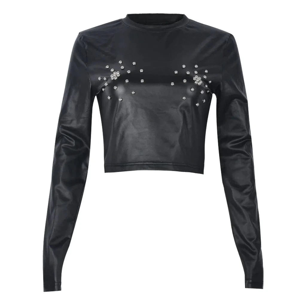 J&H 2024 Spring New Women's Crop Tops Fashion Beaded Pu Leather Round Neck Long Sleeve Tops Women's Sexy T-shirts