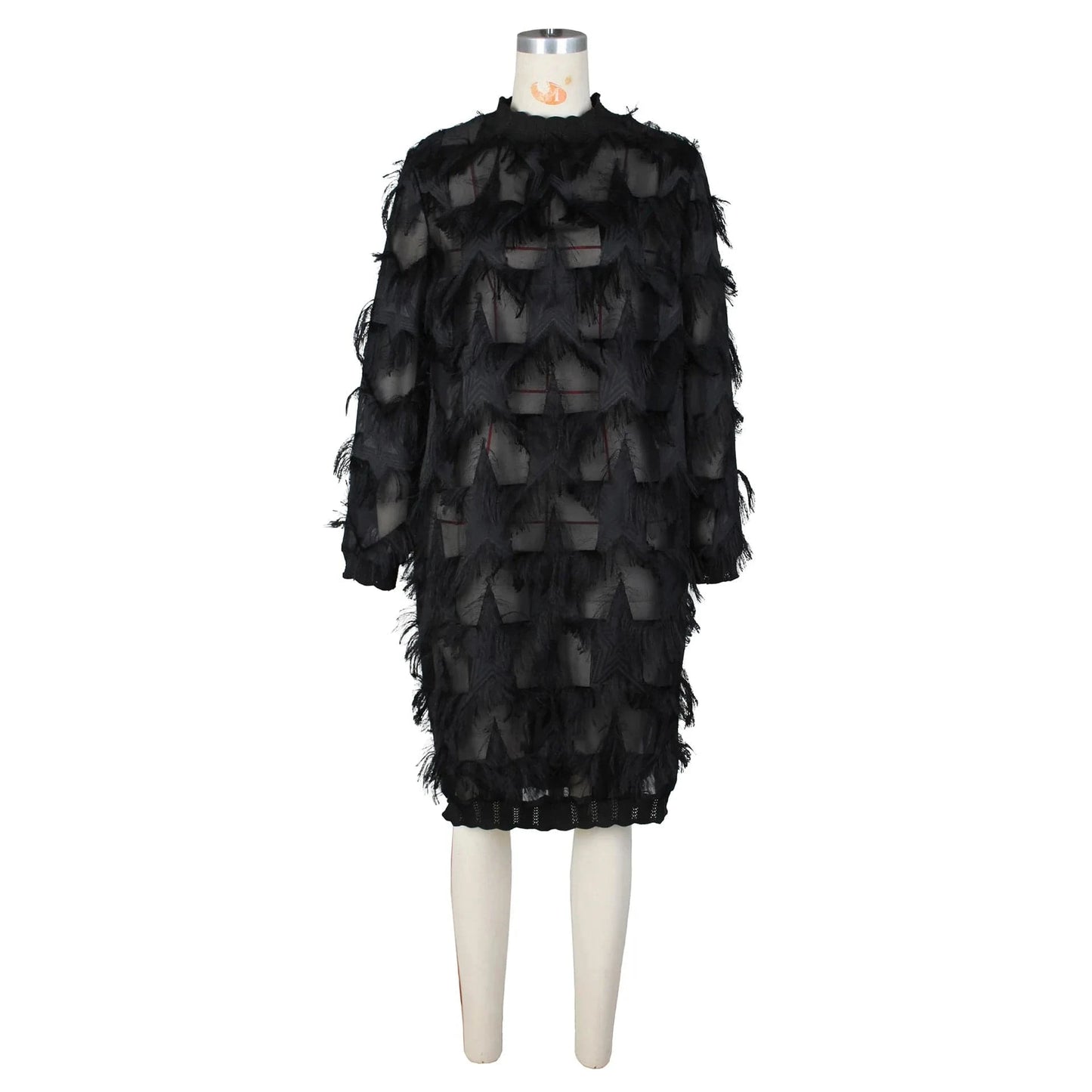 J&H Elegant Casual See Through Lace Dresses Patchwork Tassel Knitted Long Sleeve Sexy Long Midi Women Dress