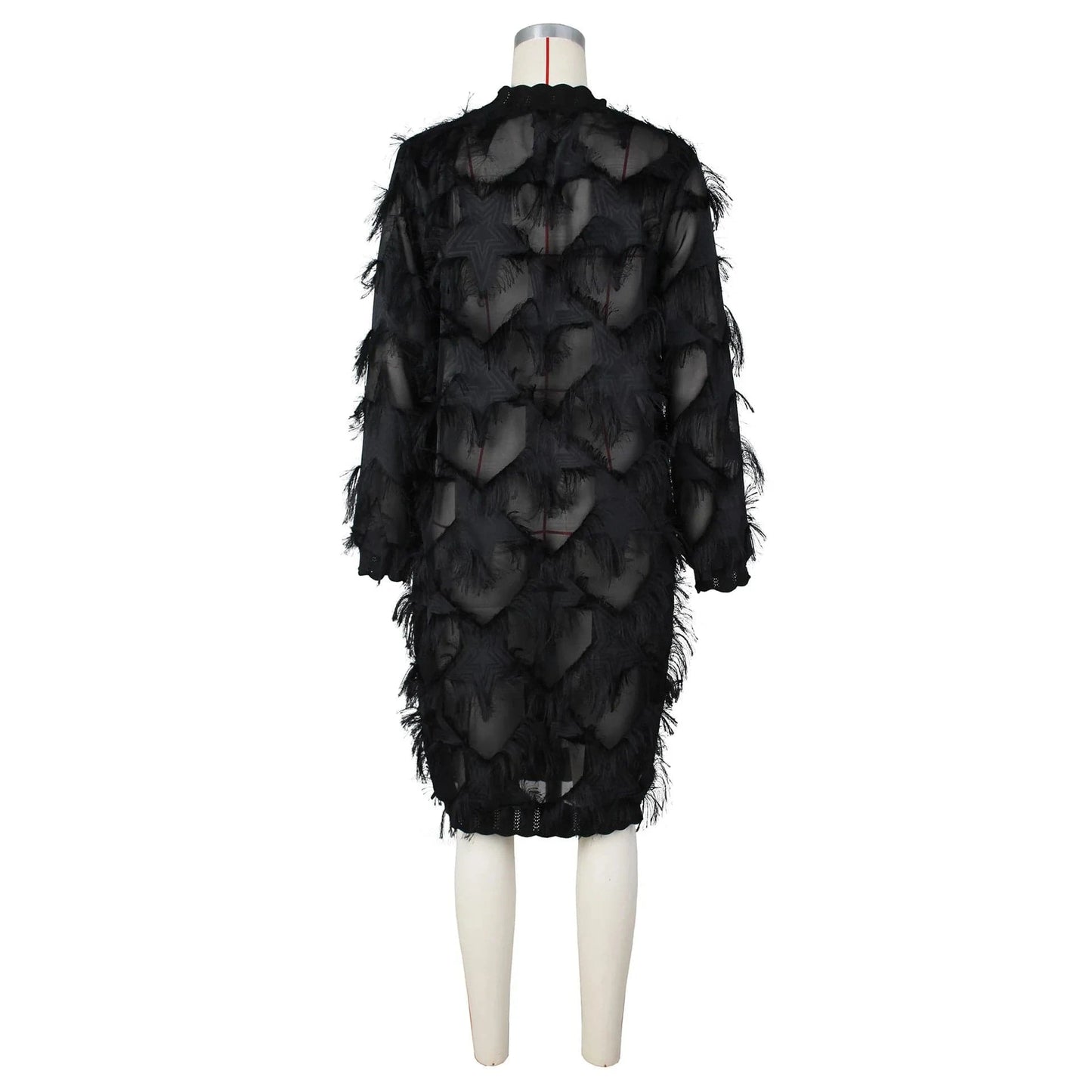 J&H Elegant Casual See Through Lace Dresses Patchwork Tassel Knitted Long Sleeve Sexy Long Midi Women Dress