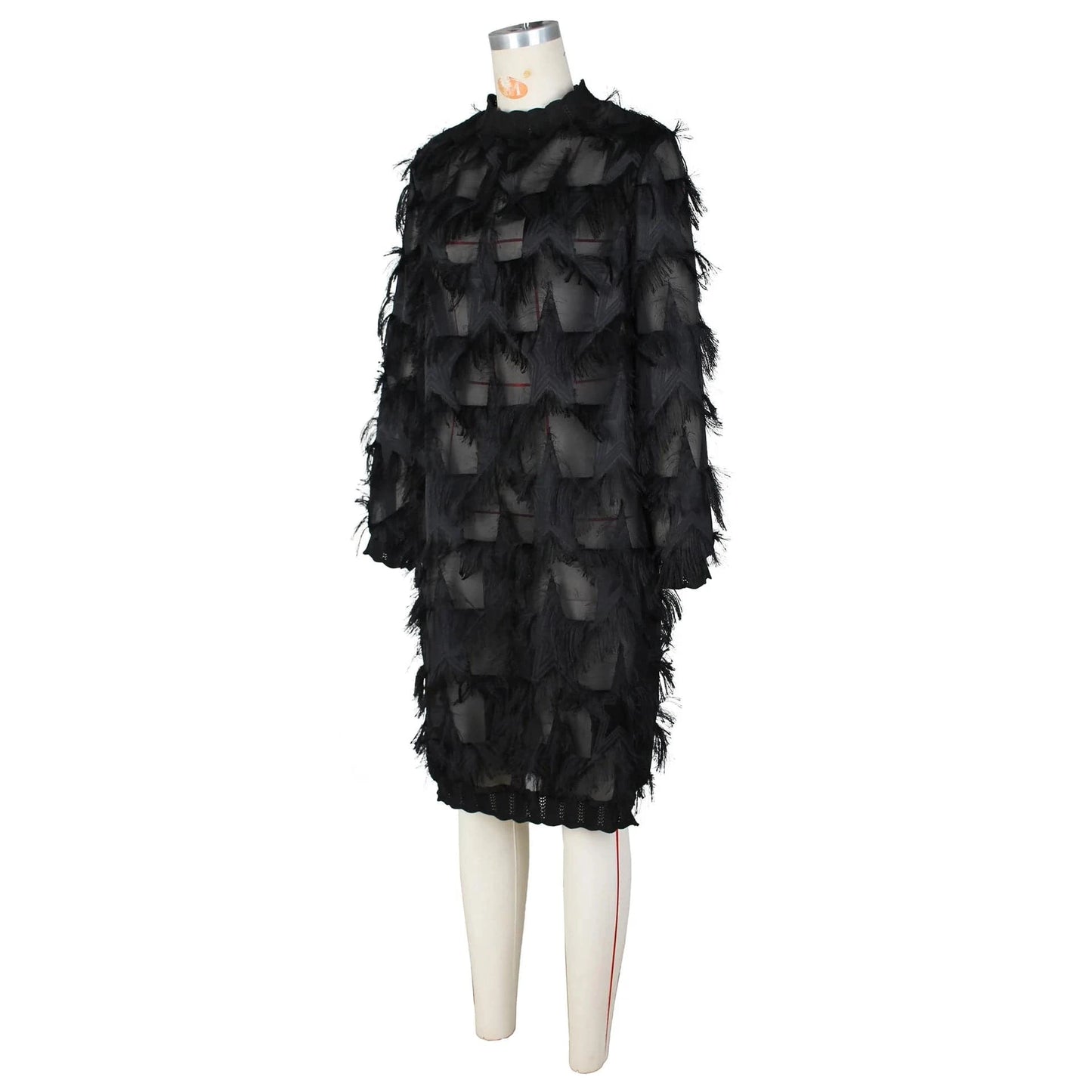 J&H Elegant Casual See Through Lace Dresses Patchwork Tassel Knitted Long Sleeve Sexy Long Midi Women Dress