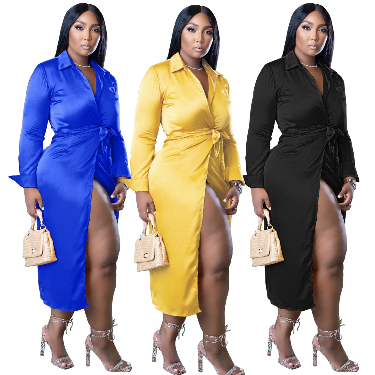 J&H fall 2022 hot sale satin robe dress ladies elegance long sleeve high slit shirt dress solid color sexy casual wear