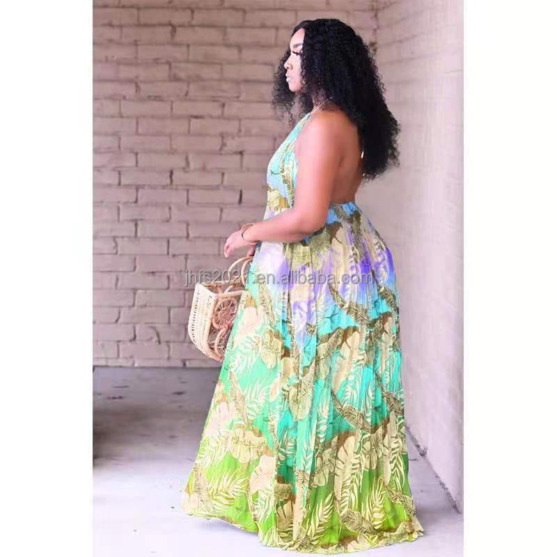 J&H fashion multi color printed halter ruched dress for women plus size casual loose maxi dress sexy boho beach dress