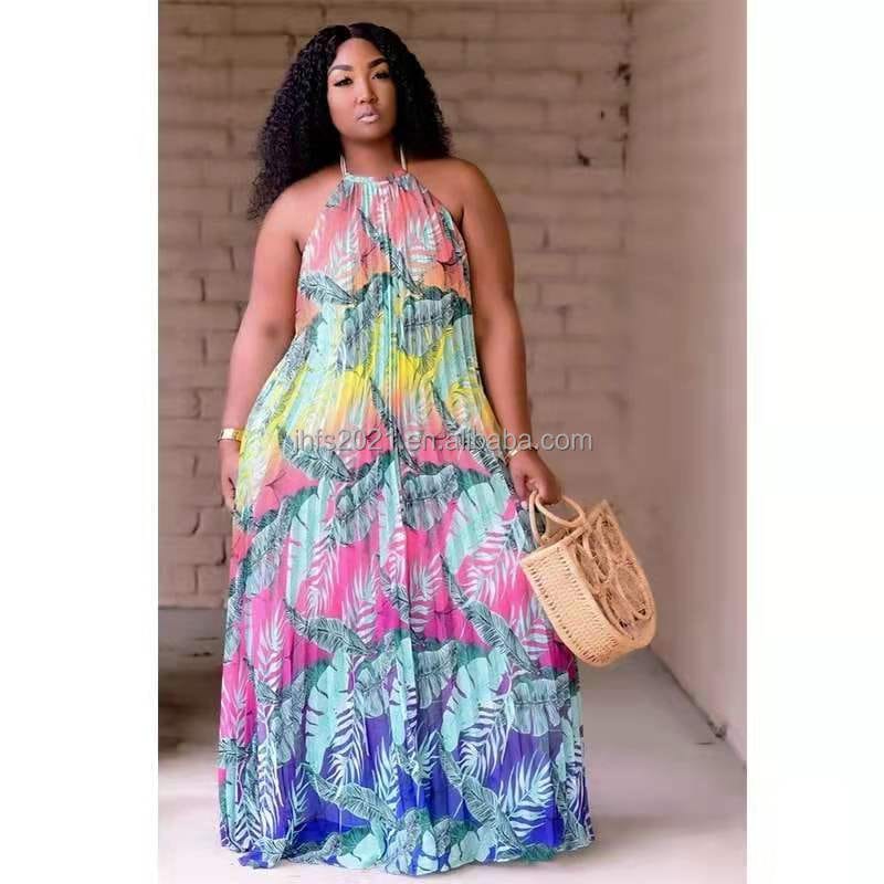 J&H fashion multi color printed halter ruched dress for women plus size casual loose maxi dress sexy boho beach dress