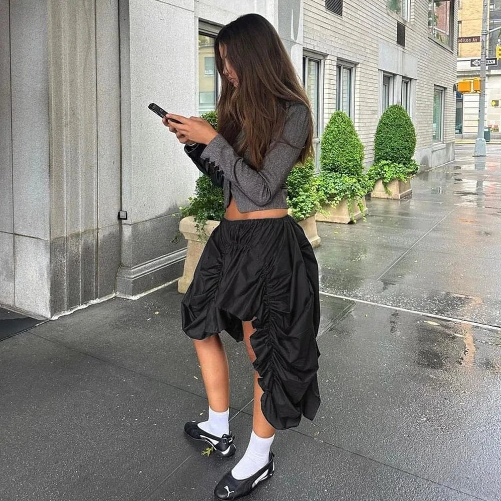 J&H Foreign trade street personality trend wrinkled elastic waist irregular loose half skirt