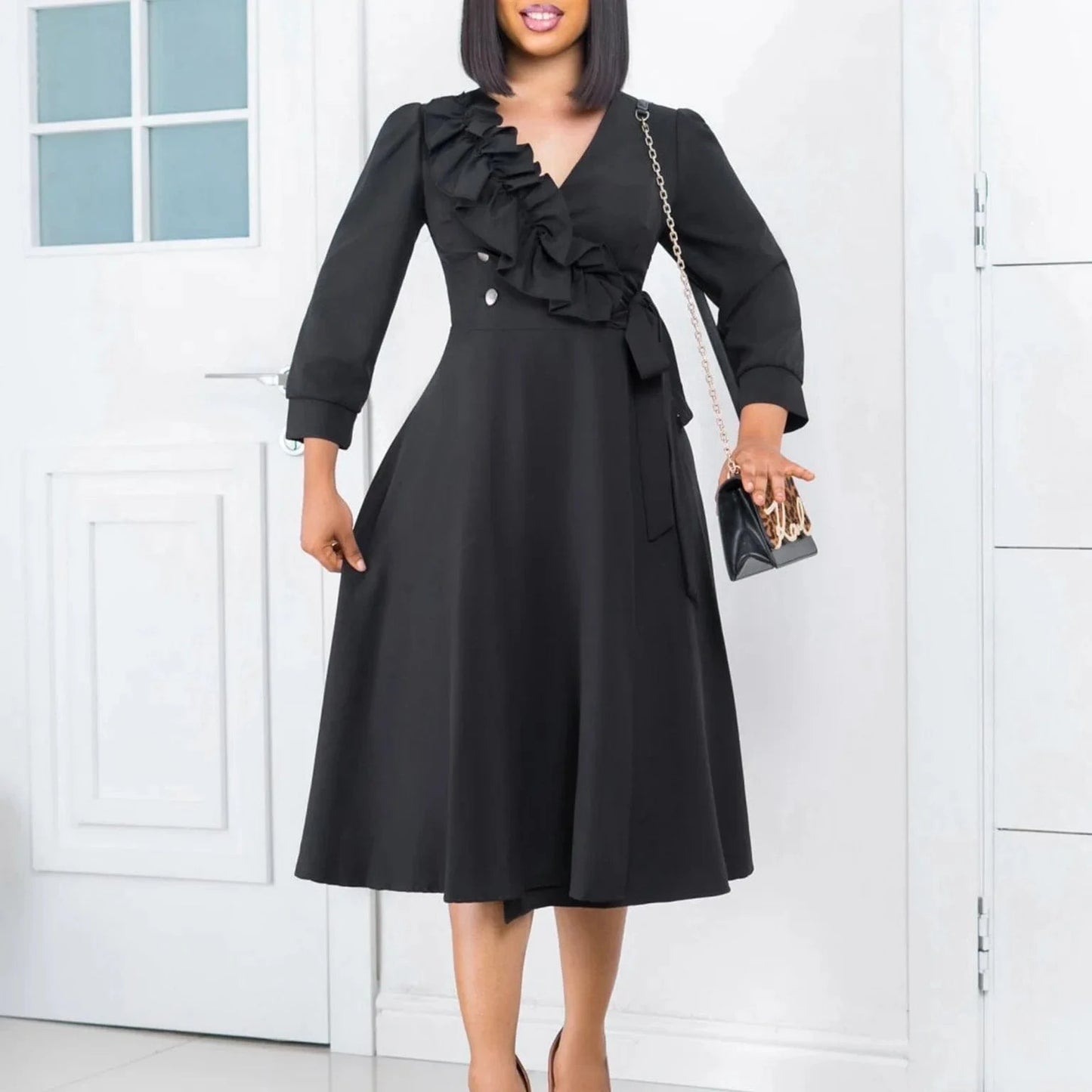 J&H Latest Design Elegant Casual Dresses Women Fashion Solid Color Ruffle V-neck Ruched A-line Spring Dresses Women 2024