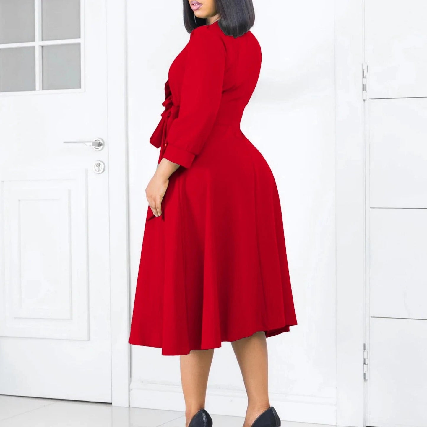 J&H Latest Design Elegant Casual Dresses Women Fashion Solid Color Ruffle V-neck Ruched A-line Spring Dresses Women 2024