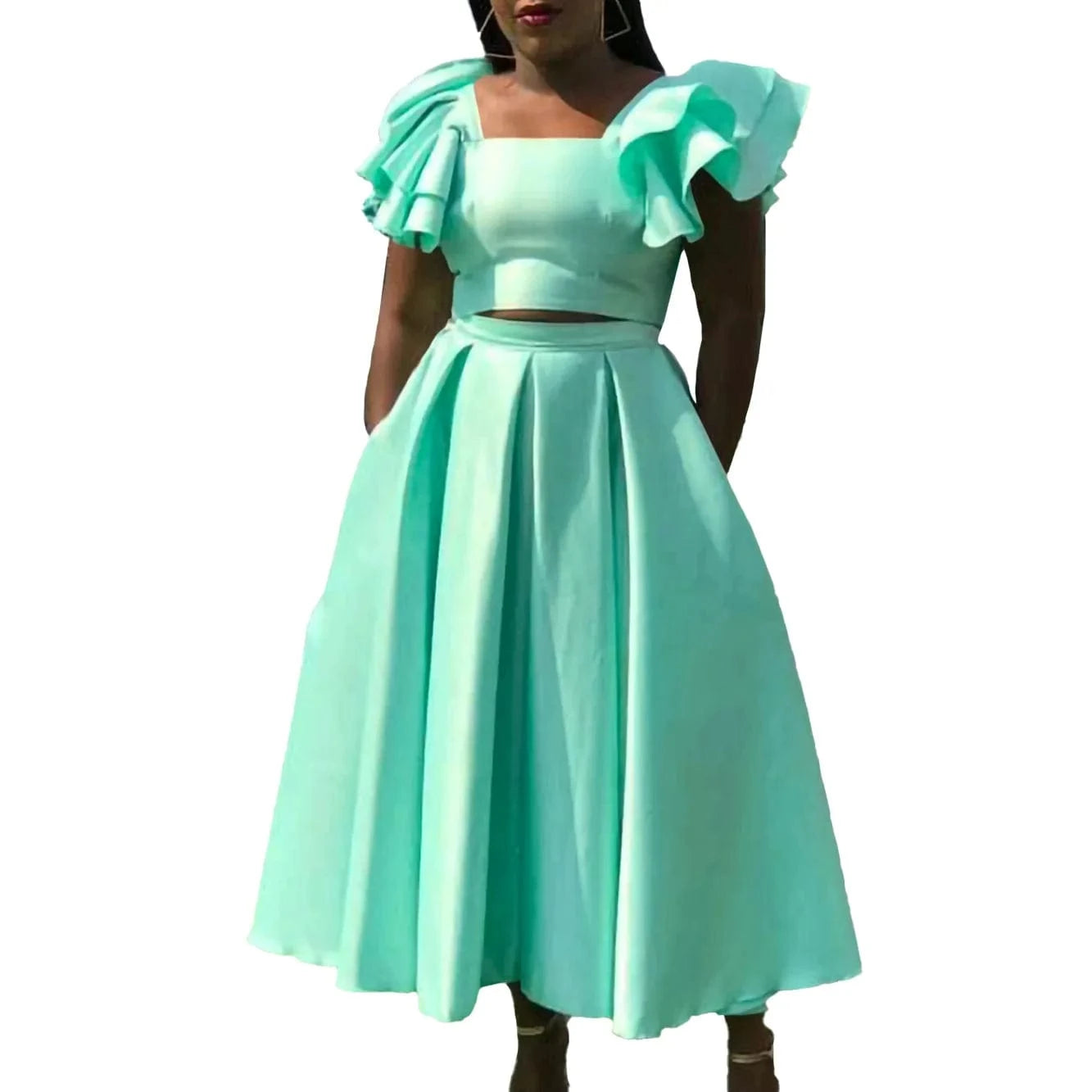J&H Latest Design Two Piece Set Women Clothing Ruffle Sleeve Square Neck Top A-line Skirt Set Two Piece Outfits For Women