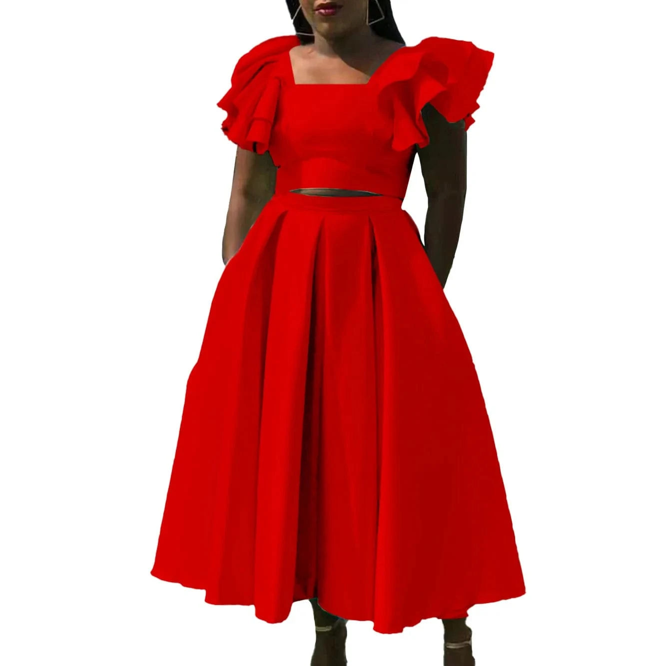 J&H Latest Design Two Piece Set Women Clothing Ruffle Sleeve Square Neck Top A-line Skirt Set Two Piece Outfits For Women