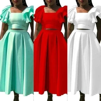 J&H Latest Design Two Piece Set Women Clothing Ruffle Sleeve Square Neck Top A-line Skirt Set Two Piece Outfits For Women