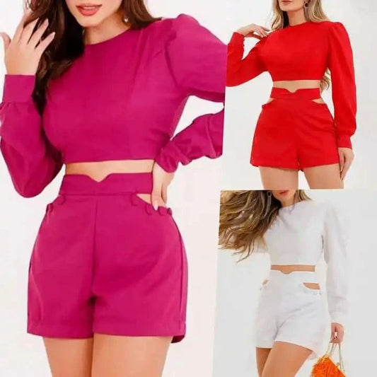 J&H New Arrival Long Sleeve Short Shirt Hollow Out High Waist Shorts Casual Outfits For Women Two Piece Set Women Clothing