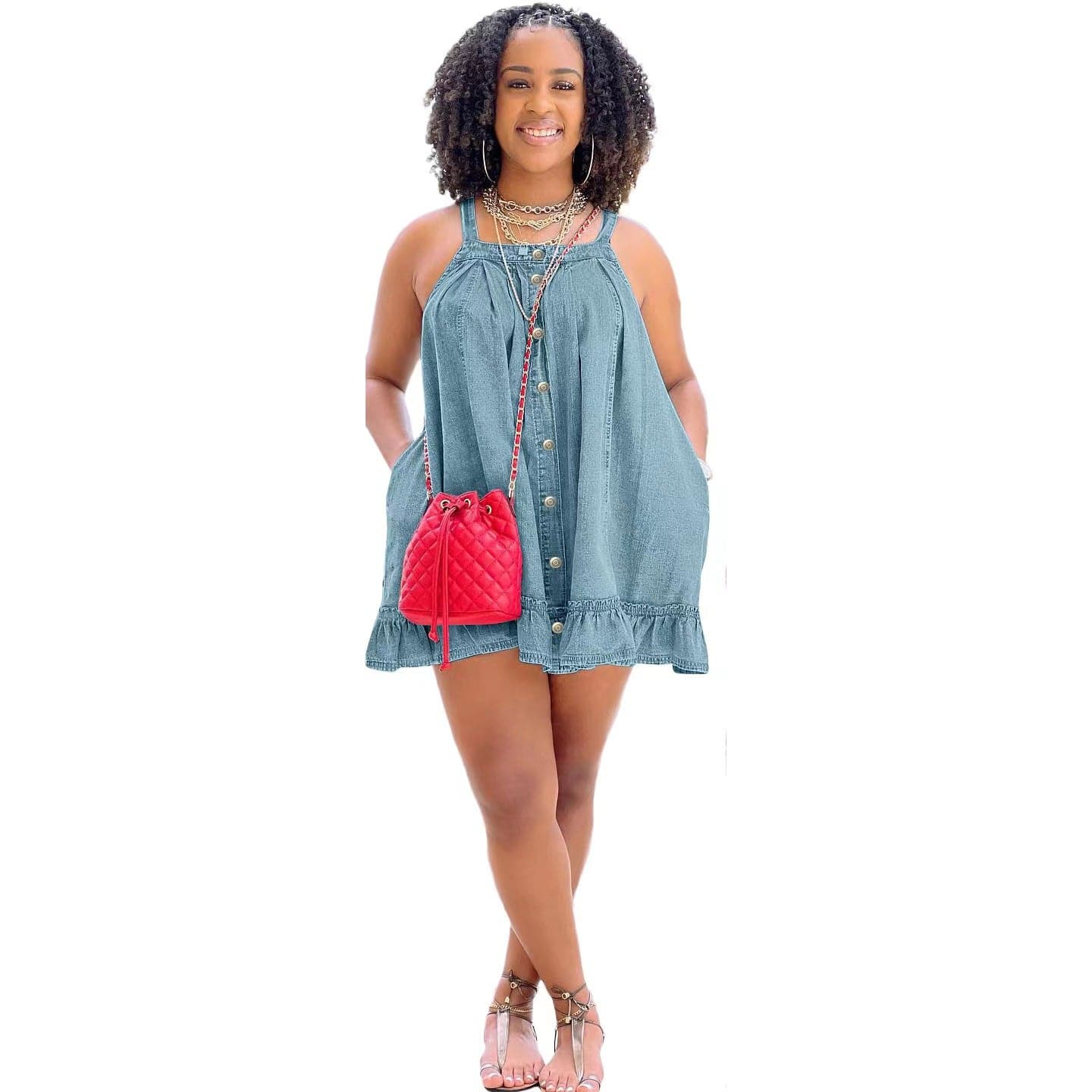 J&H new arrivals 2023 loose mini denim dress with pockets women sleeveless cute button down summer dress casual style