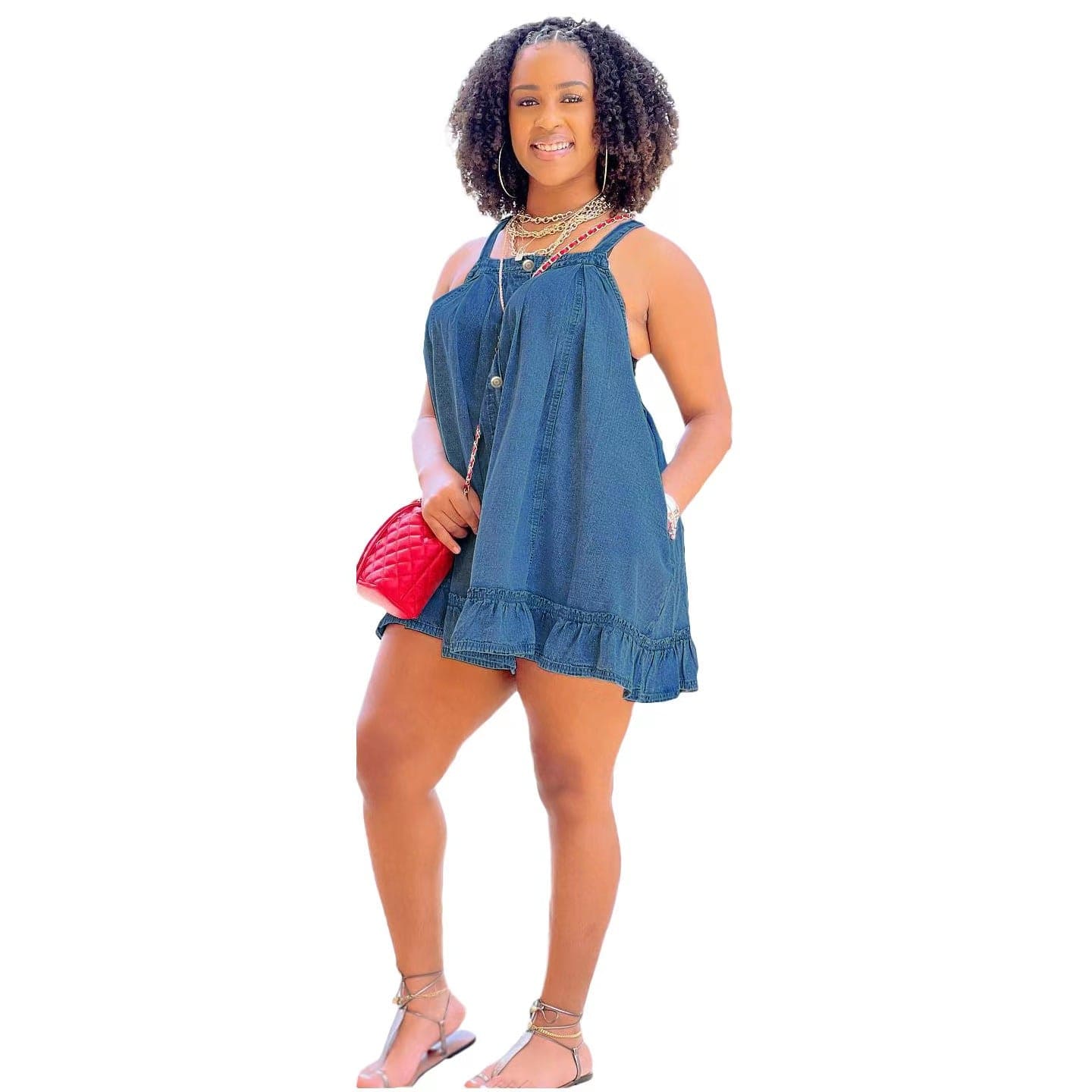 J&H new arrivals 2023 loose mini denim dress with pockets women sleeveless cute button down summer dress casual style