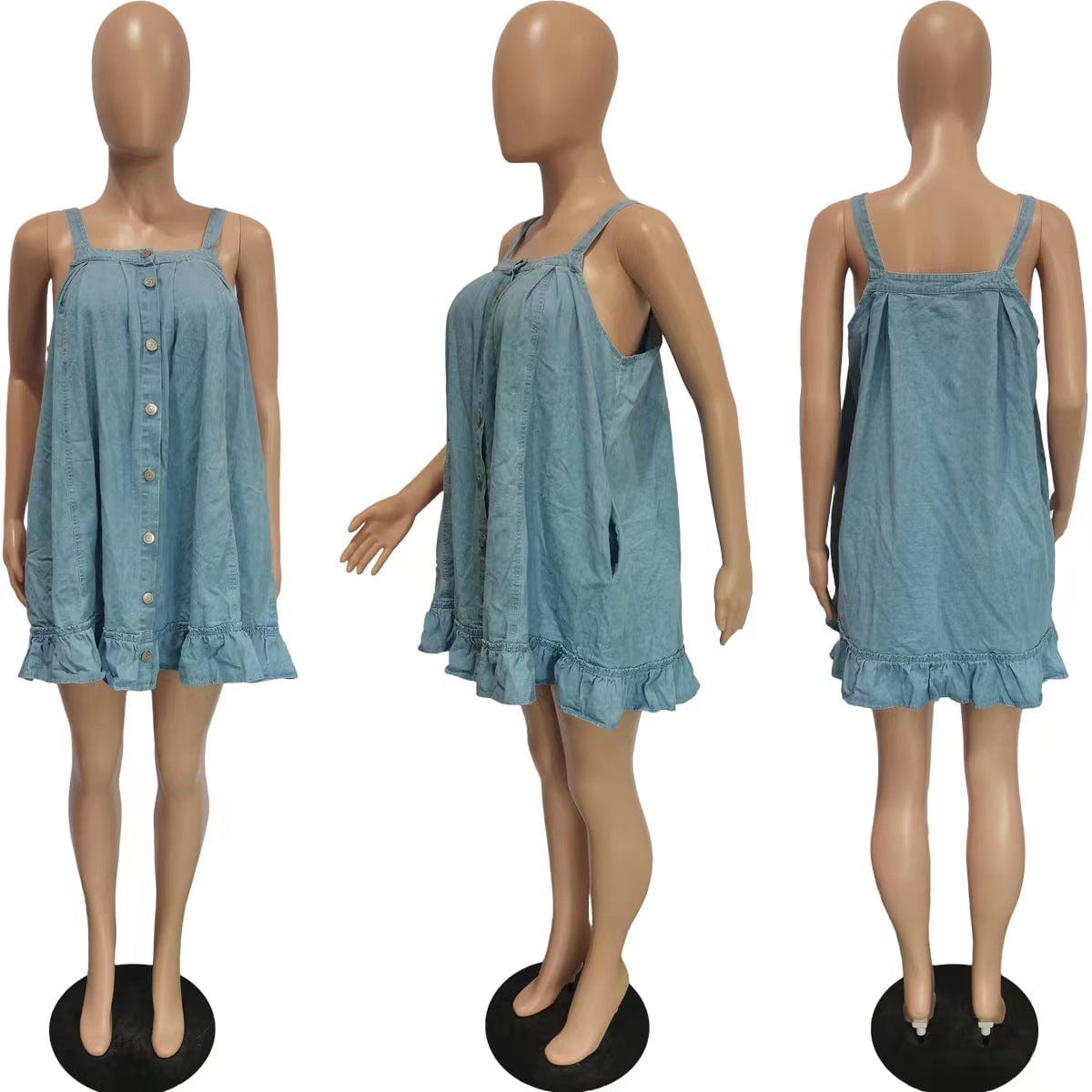 J&H new arrivals 2023 loose mini denim dress with pockets women sleeveless cute button down summer dress casual style