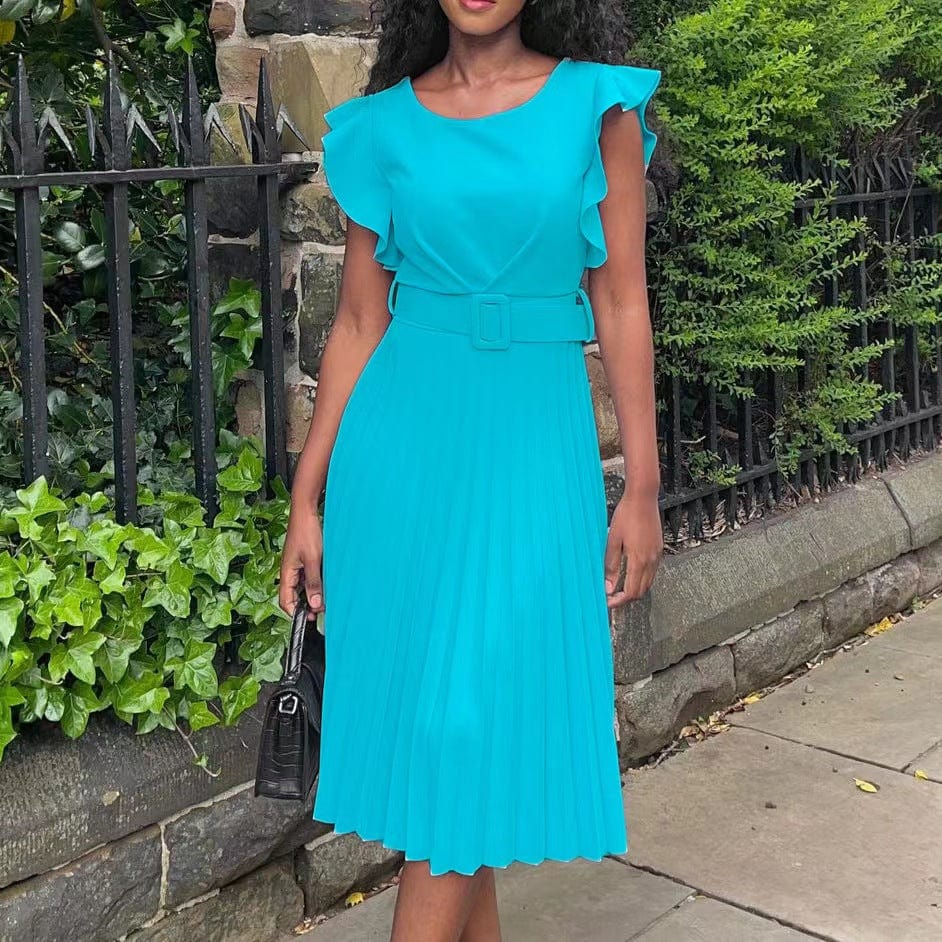 J&H new arrivals 2023 solid color pleat casual dress women elegance ruffled plain dress with belt fashionable plus size dress