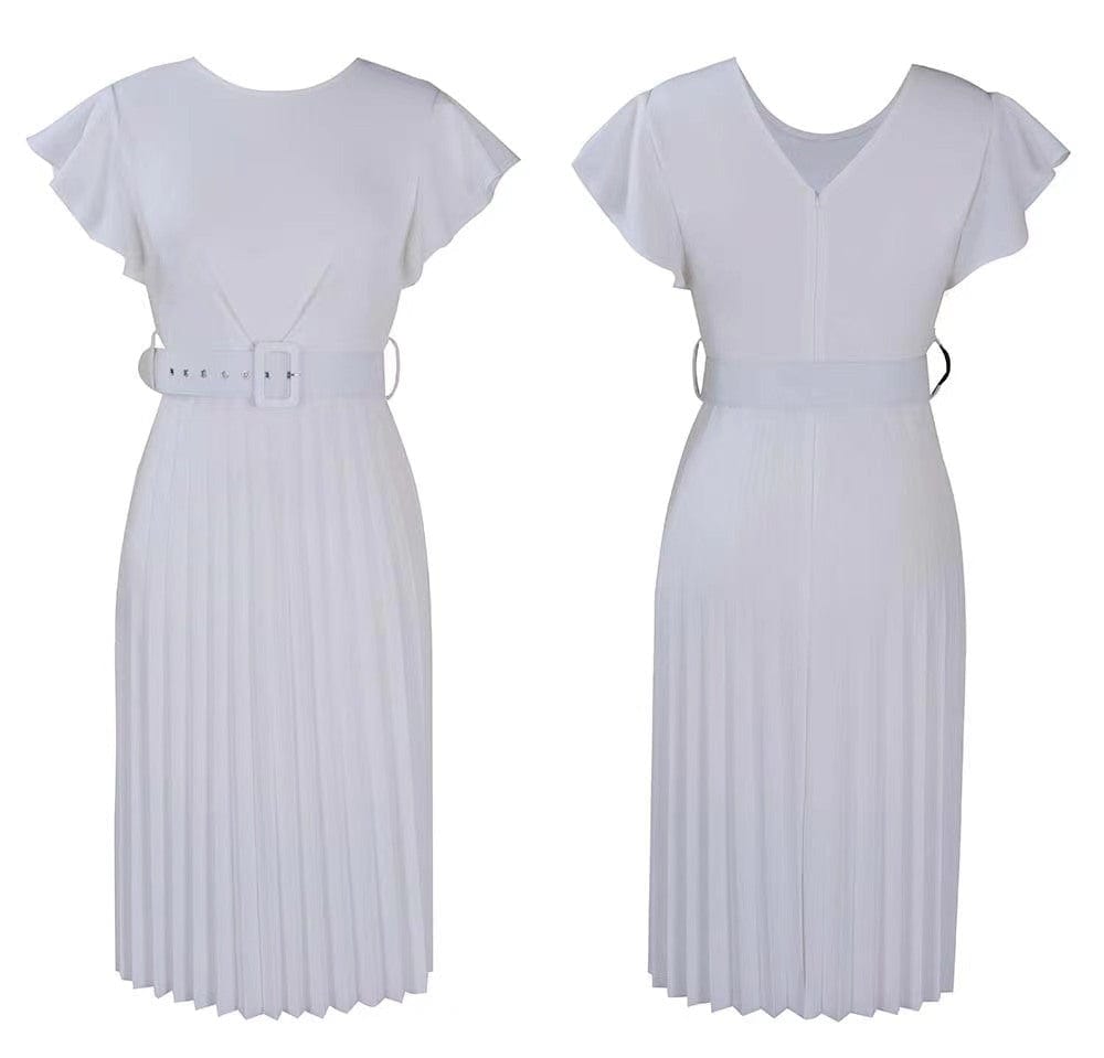 J&H new arrivals 2023 solid color pleat casual dress women elegance ruffled plain dress with belt fashionable plus size dress