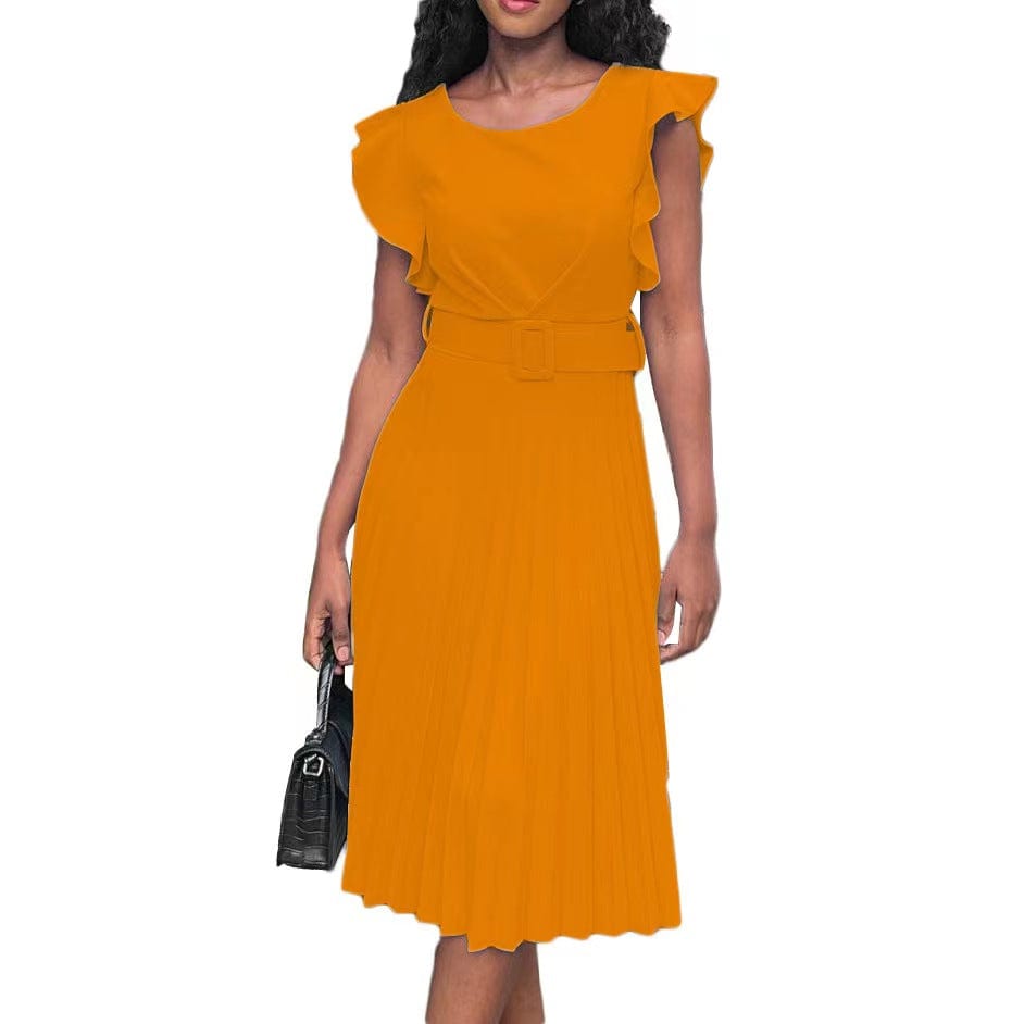 J&H new arrivals 2023 solid color pleat casual dress women elegance ruffled plain dress with belt fashionable plus size dress