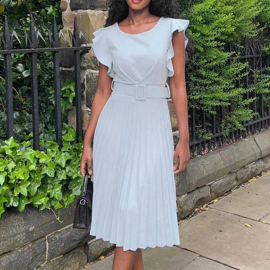 J&H new arrivals 2023 solid color pleat casual dress women elegance ruffled plain dress with belt fashionable plus size dress