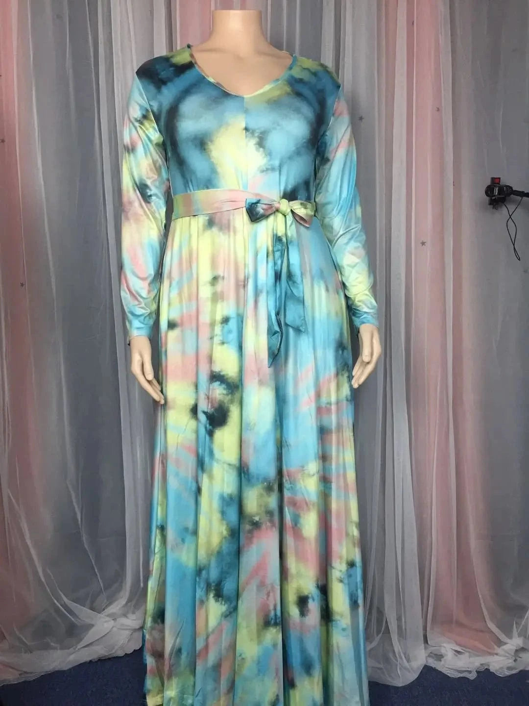 J&H Plus Size Xl-5Xl Tie Dyed Printing Long Sleeve Loose Casual Dress Lounge Wear Long Maxi Dress For Women