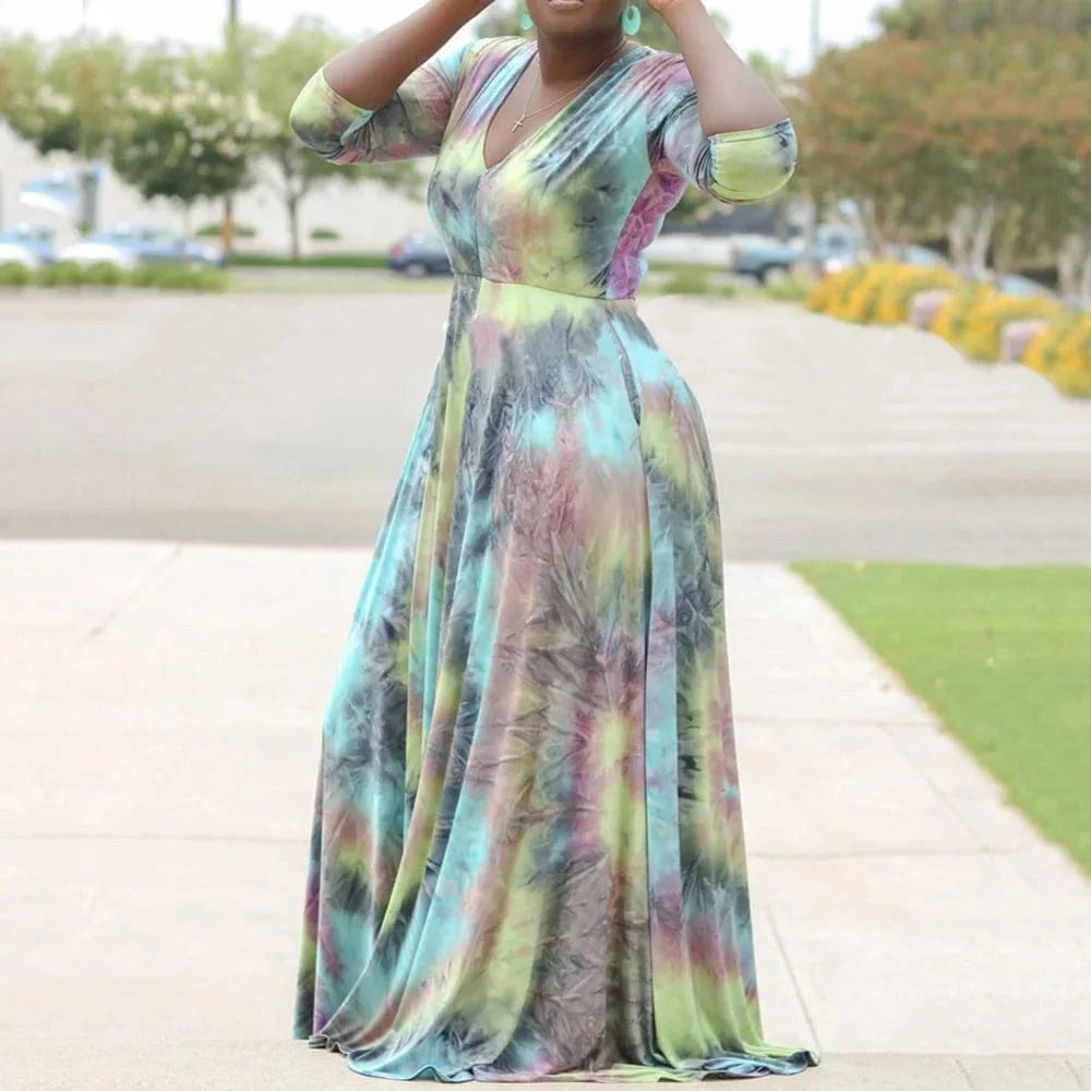 J&H Plus Size Xl-5Xl Tie Dyed Printing Long Sleeve Loose Casual Dress Lounge Wear Long Maxi Dress For Women
