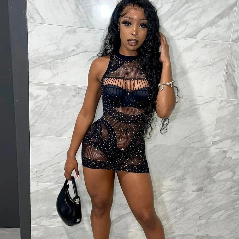 J&H Sexy Party Club Hot Diamond Velvet Patchwork Mesh Perspective Bag Buttocks Strap Short Mini Skirt Dress