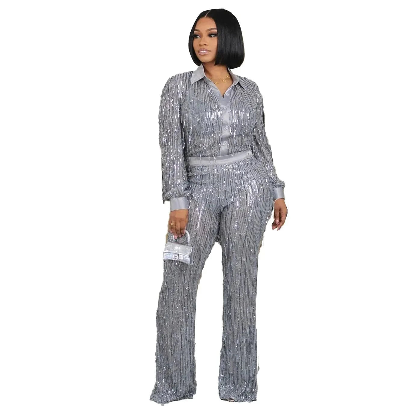 J&H Spring 2024 Sexy Tassel Sequin Transparent Shirt Long Sleeved Party Lady Elegant Straight Pants Two-Piece Set
