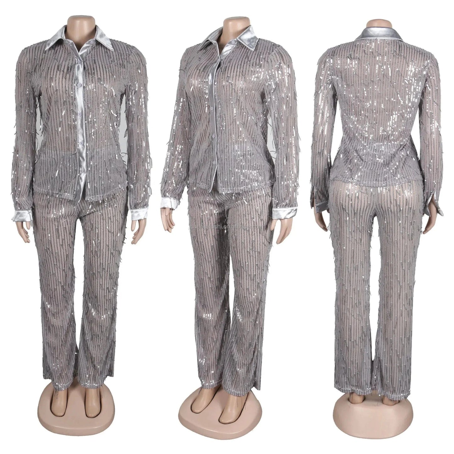 J&H Spring 2024 Sexy Tassel Sequin Transparent Shirt Long Sleeved Party Lady Elegant Straight Pants Two-Piece Set