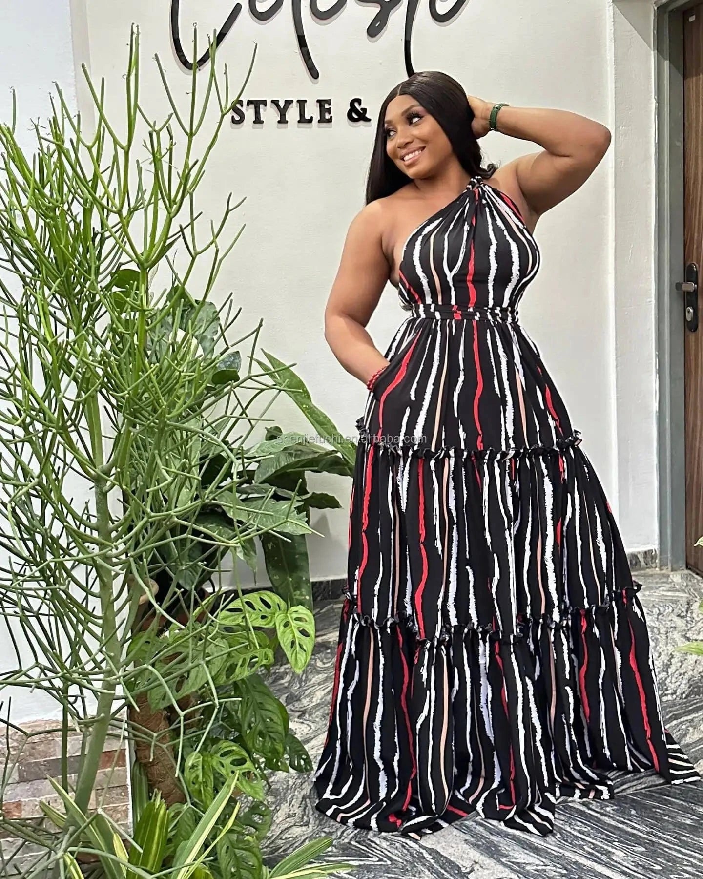 J&H Summer 2024 Sexy Printed Patchwork Strap Large Skirt Hem Slanted Shoulder Backless Bohemian Maxi Dress