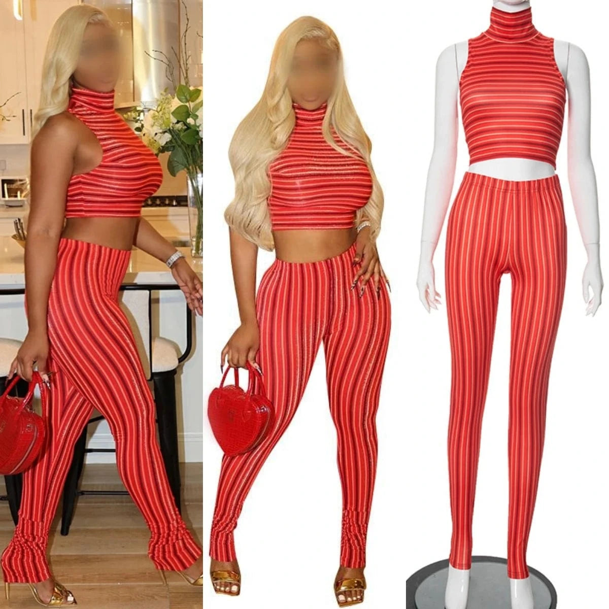 J&H Summer 2024 Striped Print Sleeveless High Waist Crop Top And Pant 2 Piece Set Bodycon Casual Fashion Women's Set